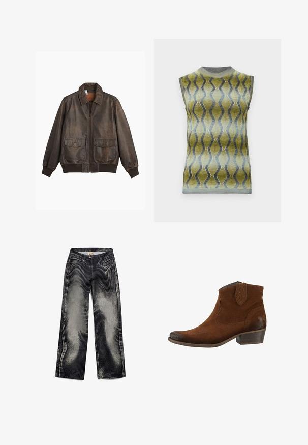 Veste en cuir marron avec fermeture éclair à l'avant, deux poches avant, poignets côtelés et col classique. Texture lisse avec une finition légèrement vieillie.; Haut en maille sans manches avec col montant en dégradé vert et bleu, présentant un motif de rayures ondulées verticales et des bords côtelés.; Jeans évasés en denim noir avec un motif texturé et décoloré, dotés de cinq poches et d'une fermeture à bouton. Tissu lisse avec une finition légèrement brillante.; Felmini STIEFELETTE - Bottines de cowboy / motard - brown