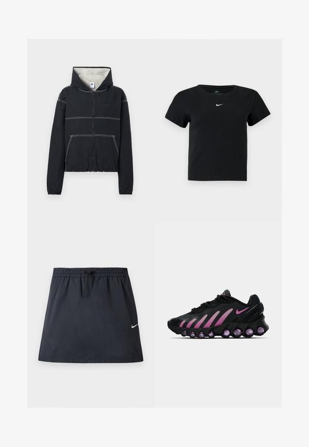Zwarte capuchonvest met ritssluiting, lichtgrijze voering, elastische manchetten, witte stikaccenten en een klein logo op de borst.; Zwart geribbeld T-shirt met korte mouwen, voorzien van een klein wit Nike-logo op de borst en een ronde halslijn.; Zwarte atletische rok met elastische tailleband en verstelbare trekkoord, met een klein wit Nike-swooshlogo aan de rechterzijde.; Zwarte en roze Nike sneakers met een bovenwerk van mesh, gebogen ontwerp en ronde paarse demping bij de zool en zijkanten.