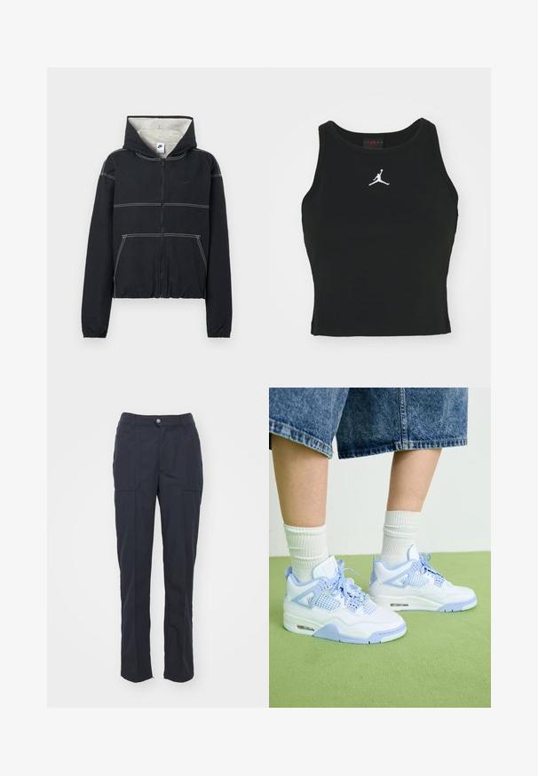 Sort hættejakke med lynlås, lys grå foring, elastiske ærmekanter, hvide syninger og et lille logo på brystet.; Sort tætsiddende tanktop lavet af bomuld, med rund udskæring og et hvidt Jordan-logo syet på fronten i midten. Glat tekstur.; Mørkeblå bukser med lige pasform, som har to forlommer, en knaplukning og en glat stofstruktur.; Hvide og lyseblå sneakers med mesh-detaljer, rund tå, snørebånd og en luftdæmpningsenhed, parret med hvide ribbede sokker og denimshorts.