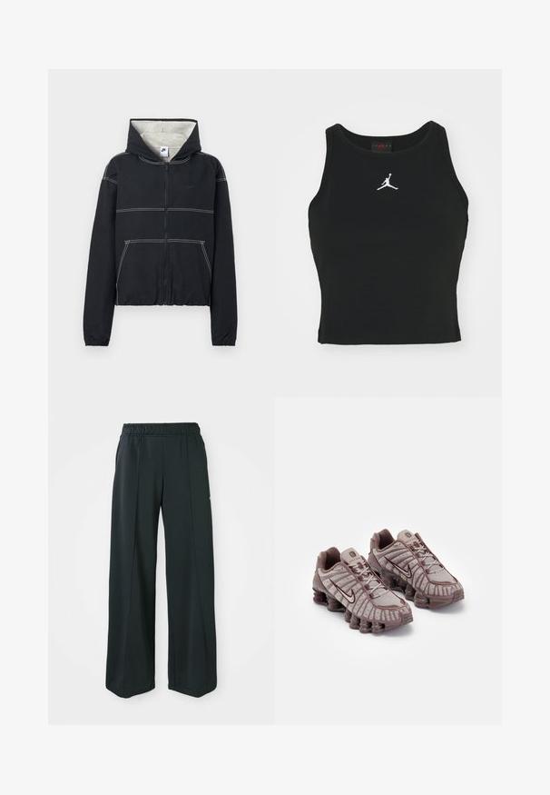 Veste à capuche noire zippée avec doublure gris clair, poignets élastiques, accents de coutures blanches et un petit logo sur la poitrine.; Débardeur noir ajusté en coton, avec un col rond et un logo Jordan blanc brodé au centre de l'avant. Texture lisse.; Pantalons de sport noirs à jambes larges avec une taille élastique. Fabriqués en tissu lisse et extensible, avec des coutures avant discrètes et sans poches.; Nike Sportswear SHOX TL - Baskets basses - pumice/night maroon/plum eclipse