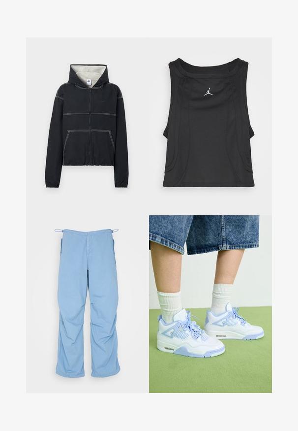 Zwarte capuchonvest met ritssluiting, lichtgrijze voering, elastische manchetten, witte stikaccenten en een klein logo op de borst.; Jordan TANK - Top - black; Lichtblauwe, wijde broek van zachte stof. Voorzien van een koord in de taille, twee zijzakken en een relaxte pasvorm met schone stiksels.; Witte en lichtblauwe sneakers met gaasaccenten, een ronde neus, veters en een luchtkusseneenheid, gecombineerd met witte geribde sokken en denim short.