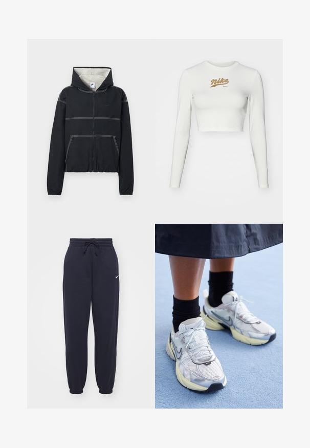 Sort hættejakke med lynlås, lys grå foring, elastiske ærmekanter, hvide syninger og et lille logo på brystet.; Hvid langærmet crop top lavet af glat stof, med et guld Nike-logo tryk på brystet og en klassisk rund halsudskæring.; Nike joggingbukser i navyblå, lavet af blødt materiale. Har en elastisk talje med snor og manchetter ved anklerne. Lille hvidt logo accenter.; Hvide og sølv Nike sneakers med mesh-stof, reflekterende detaljer og en beige sål. Bæres med sorte sokker og står på en blå overflade.