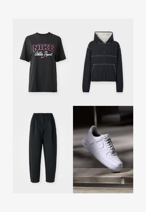 Sort hættejakke med lynlås, lys grå foring, elastiske ærmekanter, hvide syninger og et lille logo på brystet.; Sort bomulds T-shirt med grafisk print i pink og hvid med teksten "JUST DO IT," "NIKE," og "Athletic Depart." Standard pasform.; Sorte bukser lavet af et glat stof, med en skræddersyet talje, plisseret front og tætsiddende ben med opsmøgede kanter.; Hvid Nike Air Force 1 sneaker svævende over en betonoverflade med skygger i et minimalistisk miljø.