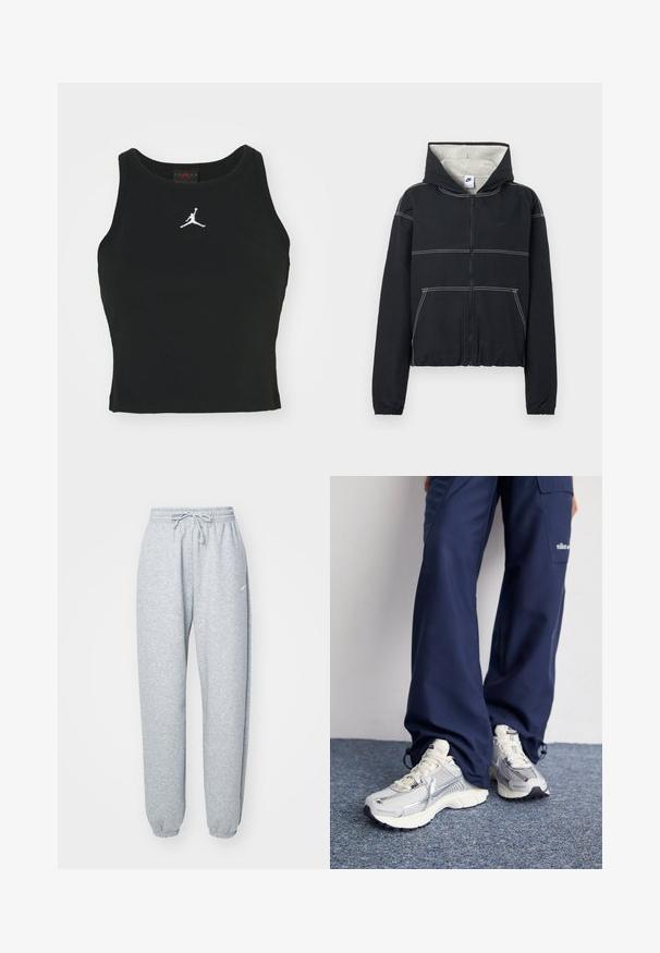 Sort hættejakke med lynlås, lys grå foring, elastiske ærmekanter, hvide syninger og et lille logo på brystet.; Sort tætsiddende tanktop lavet af bomuld, med rund udskæring og et hvidt Jordan-logo syet på fronten i midten. Glat tekstur.; Lysgrå sweatpants lavet af blød bomuldsblanding, med elastisk talje og snoretræk, tapered ben og ribbede manchetter. Minimal brandingdetalje.; Nike sportssko med en sølvfarvet mesh-overdel, hvide detaljer og strukturerede såler, parret med løstsiddende navy bukser.