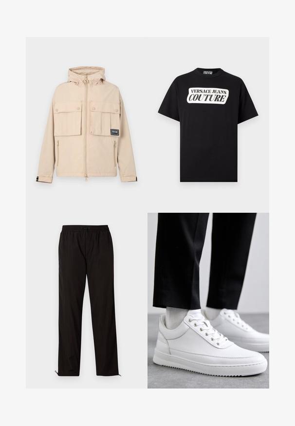 Beige Kapuzenjacke mit zwei vorderen Taschen mit Klappen und einer seitlichen Reißverschlusstasche, versehen mit einem schwarzen Logo-Patch und einem glatten, wasserabweisenden Stoff.; Schwarzes T-Shirt mit kurzen Ärmeln und weißem rechteckigem Logo mit der Aufschrift "VERSACE JEANS COUTURE" mittig auf der Brust.; Schwarze leichte Hose mit elastischem Bund, Kordelzugverschluss und Reißverschluss am Saum für eine verstellbare Passform. Glatte, elegante Textur.; Weiße Leder-Sneaker mit flacher Gummisohle, ausgestattet mit einer glatten Oberfläche, runder Zehenpartie und Metallösen für die Schnürsenkel. Getragen mit schwarzen Hosen.
