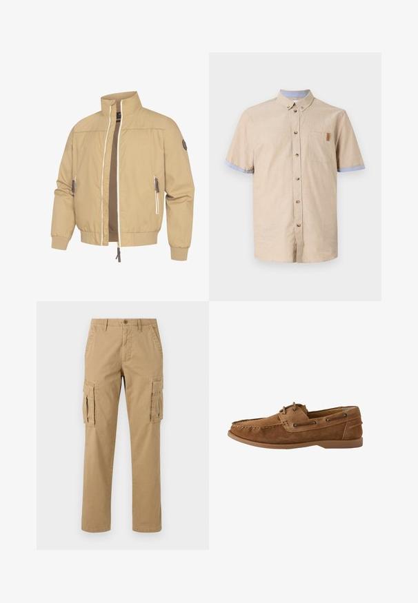 Beige Jacke mit Reißverschluss, geripptem Kragen, Bündchen und Saum, mit zwei Reißverschlusstaschen mit braunen Zuglaschen und einem kleinen Aufnäher am linken Ärmel.; Kurzarm-Hemd aus beigem Leinen mit blauen Akzenten an den Ärmeln. Verfügt über eine Brusttasche und braune Knöpfe. Glatte Textur.; Beige Cargo-Hosen mit zwei Seitentaschen, einem Knopfverschluss, geradem Bein und einem weichen, strukturierten Stoff.; Brauner Mokassinschuh aus Wildleder im Mokassinstil mit genähter Spitze, Leder-Schnürsenkeln durch Metallösen und flacher Gummisohle, in Seitenansicht dargestellt.