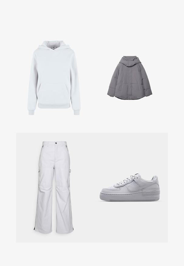 Veste à matelassage grise avec un col haut, deux poches avant et des poignets élastiques. Le matériau semble lisse avec une texture matelassée.; Hoodie en coton blanc avec une poche kangourou à l'avant, capuche avec cordon de serrage réglable, poignets et ourlet côtelés ; texture lisse, design décontracté.; Pantalons cargo larges gris clair avec poches avant, passants de ceinture, poches zippées sur les côtés, détails de genou cousus et accents en métal en anneau à la taille.; Basket en cuir lisse gris Nike Air Force 1 avec un bout perforé, une semelle épaisse et un détail 'AIR' en relief sur le talon.