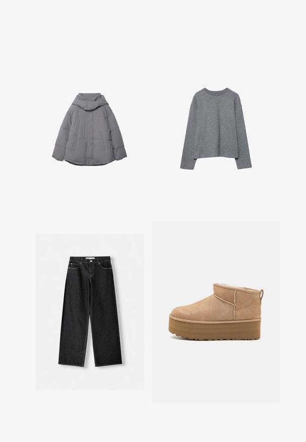 Grå pufferjakke med høj krave, to forlommer og elastiske manchetter. Materialet ser glat ud med en quiltet tekstur.; Grå cropped sweater lavet af blødt strikket stof, med ribbet crew-neck og lange ærmer, i en afslappet pasform og minimal detaljering.; Sorte vidde bukser i denim med forlommer og sølvfarvet knaplukning, lagt fladt på en lysegrå baggrund.; Beige ruskinds ankelstøvler med et blødt indre, der har en platformssål og en strop bagpå for nem påtagning. Tekstureret gummisål.