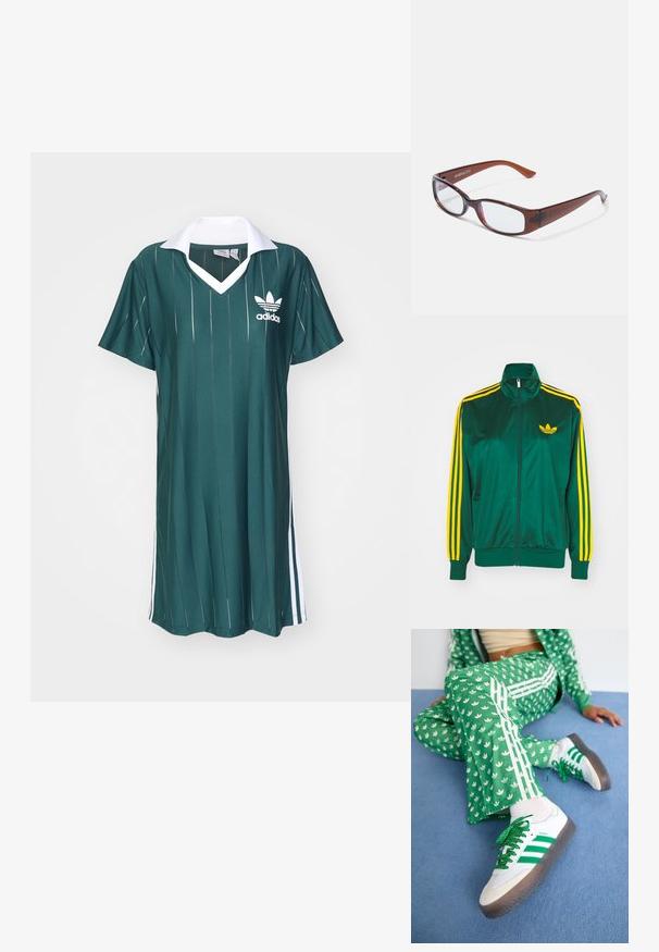 Grüne Satin-Trainingsjacke, mit Reißverschluss vorne, hohem Kragen, gelbem Drei-Streifen-Design an den Ärmeln und kleinem gelben Logo auf der Brust.; Grünes Kurzarmkleid mit weißem Kragen und drei weißen Streifen an den Seiten. Verfügt über vertikale Nadelstreifen und das adidas-Logo auf der Brust.; Grüner Trainingsanzug mit weißen Blumenmustern und weißen Streifen, kombiniert mit weißen Sneakern mit grünen Streifen und glitzernden Schnürsenkeln.; Braun getönte rechteckige Brille mit glänzender Oberfläche, schlanken Bügeln und transparenten Gläsern. Logo auf dem linken Bügel sichtbar.