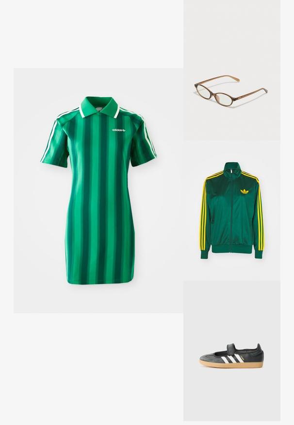 Groene satijnen trainingsjack, met rits aan de voorkant, hoge kraag, gele drie-strepen design op de mouwen en een klein geel logo op de borst.; Groen gestreepte polokleed gemaakt van zachte stof. Voorzien van een kraag, korte mouwen en het witte Adidas-logo. Verticale strepen in verschillende tinten.; Zwarte leren en suède sneaker met een klittenbandsluiting, voorzien van drie witte strepen en een gumzool, met de naam "SAMBA" aan de zijkant.; Bruine schildpadbril met ovale lenzen, dunne armen en transparante accenten. Heeft een subtiele logo op de tempel. Strak, lichtgewicht ontwerp.