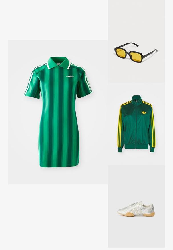 Groene satijnen trainingsjack, met rits aan de voorkant, hoge kraag, gele drie-strepen design op de mouwen en een klein geel logo op de borst.; Groen gestreepte polokleed gemaakt van zachte stof. Voorzien van een kraag, korte mouwen en het witte Adidas-logo. Verticale strepen in verschillende tinten.; Zilveren sportschoen met een glad leren bovenwerk, rubberen zool en gestructureerde accenten. Heeft een gebogen ontwerp en tonale veters.; Zwarte rechthoekige zonnebril met gele lenzen. Kenmerken zijn onder andere dikke monturen en een hoekig ontwerp met een gladde, glanzende afwerking.