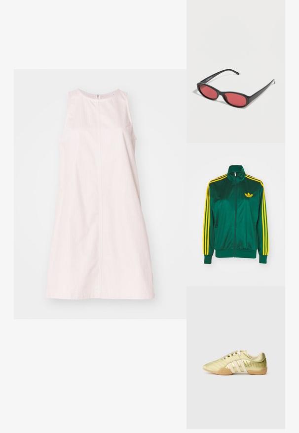 Chaqueta de pista satinada verde, con cremallera en la parte delantera, alto cuello, diseño de tres rayas amarillas en las mangas y un pequeño logo amarillo en el pecho.; Vestido sin mangas de un suave color rosa claro con un diseño sencillo. Presenta un cierre de cremallera en la parte posterior, bolsillos laterales y sutiles rayas verticales para dar textura.; Zapatilla deportiva sintética de color verde lima con una textura suave, que presenta tres franjas blancas, un forro interior suave y una suela exterior de goma texturizada.; Gafas de sol ovaladas negras con varillas delgadas y lentes tintados de rojo descansando sobre una superficie blanca.