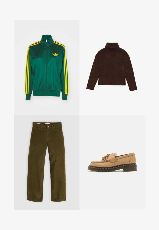 Chaqueta de pista satinada verde, con cremallera en la parte delantera, alto cuello, diseño de tres rayas amarillas en las mangas y un pequeño logo amarillo en el pecho.; Jersey marrón con cuello alto de canalé, de mangas largas y silueta cortada, que presenta un diseño de punto grueso y texturizado.; Pantalones de pana verde oliva con un diseño de pierna recta, que cuentan con bolsillos frontales y un cierre de botones, mostrando una textura acanalada vertical.; Zapatilla mocasín de cuero marrón con detalles trenzados, borlas en la parte superior y una suela negra con costuras amarillas. Diseño clásico y con textura.