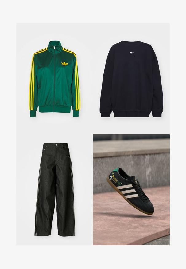 Grüne Satin-Trainingsjacke, mit Reißverschluss vorne, hohem Kragen, gelbem Drei-Streifen-Design an den Ärmeln und kleinem gelben Logo auf der Brust.; Schwarzes Sweatshirt aus Baumwollmischung, mit geripptem Rundhalsausschnitt und Bündchen, versehen mit einem kleinen weißen Adidas-Logo in der Mitte der Brust.; Schwarze Denim-weit geschnittene Hose mit weißen Seitestreifen, vorne mit Taschen, einem Knopfverschluss und einem dezenten Logo in der Nähe des Bundes.; Schwarzer Sportschuh mit weißen Streifen, gemustertem Obermaterial, verziert mit floralen Akzenten und grünem Absatz. Gummisohle für guten Halt.