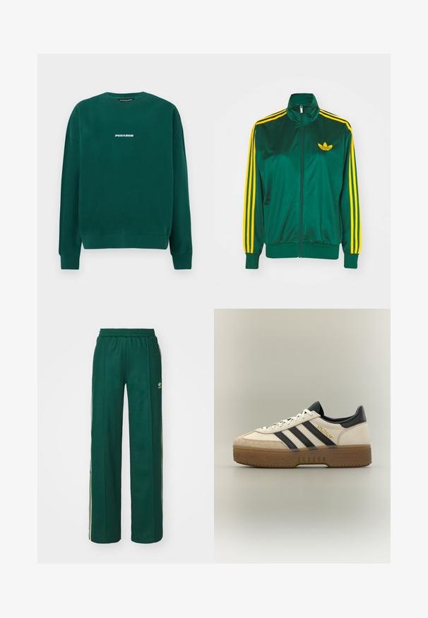 Chaqueta de pista satinada verde, con cremallera en la parte delantera, alto cuello, diseño de tres rayas amarillas en las mangas y un pequeño logo amarillo en el pecho.; Sudadera verde de algodón, con cuello redondo, puños acanalados y un logo blanco "PEGADOR" en el pecho.; Pantalones deportivos de color verde oscuro con un corte relajado, que cuentan con una cintura con cordón, bolsillos laterales y franjas color crema a lo largo de los costados.; Zapatilla blanca Adidas con rayas negras, puntera de ante beige, suela marrón y "SPEZIAL" en letras doradas en el lateral.