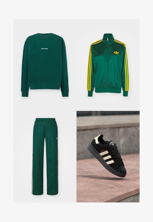 Grøn satin trackjakke, lynlåsfortil, høj krave, gul tre-stripes design på ærmerne og et lille gult logo på brystet.; Grøn sweatshirt lavet af bomuld, med rund hals, ribstrikkede manchetter og en hvid "PEGADOR" logo på tværs af brystet.; Mørkegrønne træningsbukser med en afslappet pasform, der har snor i taljen, sidelommer og cremefarvede striber langs siderne.; Sort ruskindsneakers med tre beige striber, rundt logo på tungen, flade snørebånd og en polstret sål, mærket "CAMPUS."