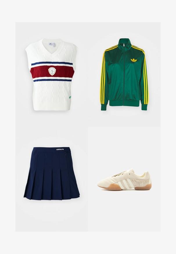 Groene satijnen trainingsjack, met rits aan de voorkant, hoge kraag, gele drie-strepen design op de mouwen en een klein geel logo op de borst.; Witte mouwloze vest met kabelgebreide textuur, voorzien van een rood en blauwe gestreepte band en een cirkelvormig logo. Ribgebreide halslijn en zoom.; Marineblauwe plooienrok van lichtgewicht stof; heeft een elastische tailleband en een klein zipvak, met een wit Adidas-logo op de voorkant.; Lage beige sneaker met drie witte strepen, gestructureerde suède zijpanelen, rubberen zool en vetersluiting op een effen achtergrond.