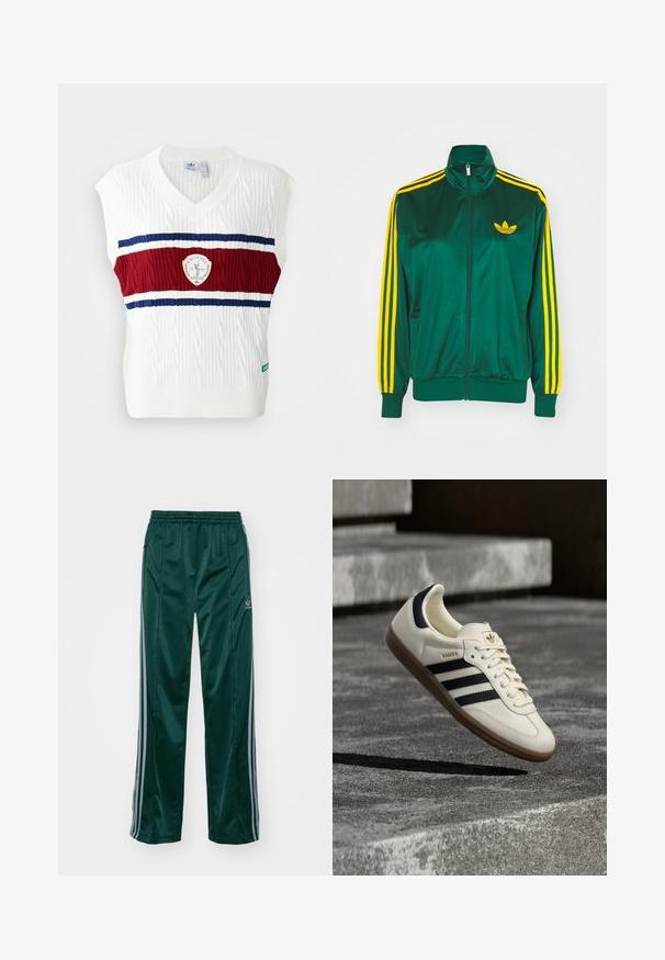 Groene satijnen trainingsjack, met rits aan de voorkant, hoge kraag, gele drie-strepen design op de mouwen en een klein geel logo op de borst.; Witte mouwloze vest met kabelgebreide textuur, voorzien van een rood en blauwe gestreepte band en een cirkelvormig logo. Ribgebreide halslijn en zoom.; Donkergroene sportbroeken van glanzend materiaal, met zijstrepens in lichtgrijs en een geborduurd logo op het linkerbeen.; Witte Adidas Samba sneaker met zwarte strepen en gumzool, zwevend boven gestructureerde grijze betonnen treden.