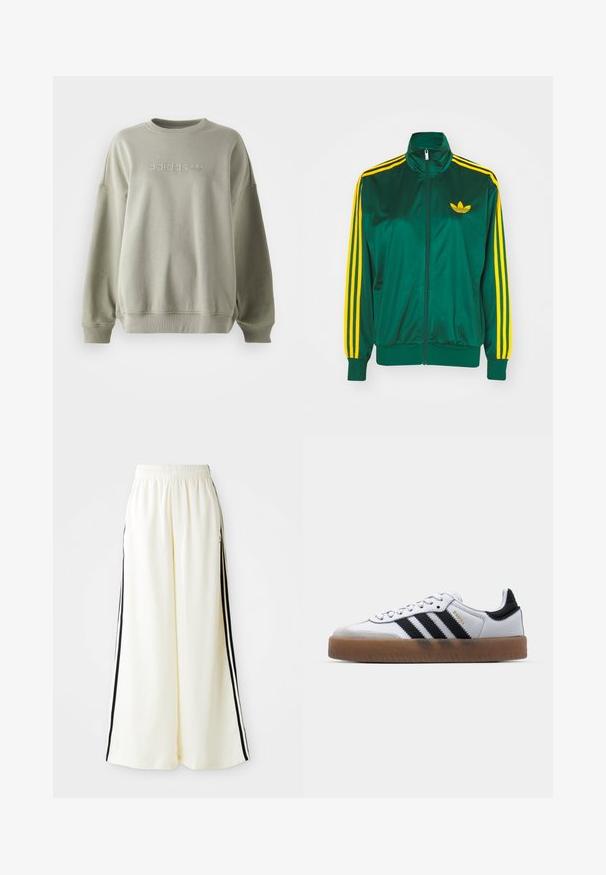 Roheline satiinist spordijakk, lukuga ees, kõrge kaelus, kollased kolm triipu disainis varrukatel ning väike kollane logo rinnal.; Olive roheline kapuutsiga särk, mis on valmistatud pehmest kangast, ümmarguse kaeluse, langevate õlgade ja esiosas embosseeritud valge adidas logoga.; Valged laiad püksid, millel on elastne vöökoht ja mustad vertikaalsed triibud välisseintel.; Valged nahast tossud mustade triipudega, kummist välistald, ümmargune nina, seotud sulgemine ja pehme hall suede ninaosa.