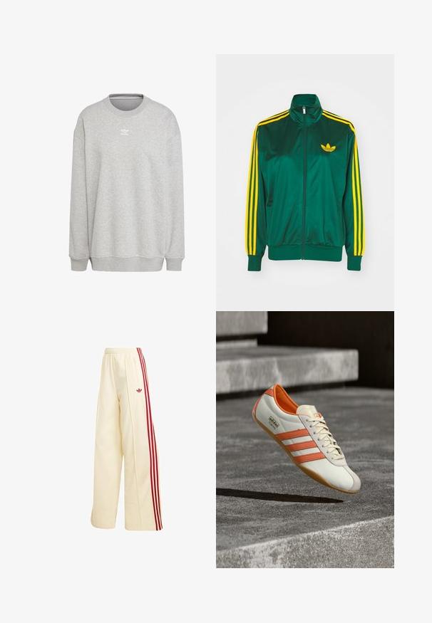 Groene satijnen trainingsjack, met rits aan de voorkant, hoge kraag, gele drie-strepen design op de mouwen en een klein geel logo op de borst.; Grijze sweatshirt van zachte stof, met een ronde hals, lange mouwen, geribbelde manchetten en zoom, voorzien van een klein wit logo aan de voorkant.; Crèmekleurige wijde trainingsbroek met rode zijstrepen, elastische tailleband, ritssluitingzak en rood Adidas-logo op de dij.; Witte en oranje sneaker met drie zijstrepen, bovenwerk van glad leer, gestructureerde zool en een afgeronde neus. Voorzien van het logo "adidas TOKYO."