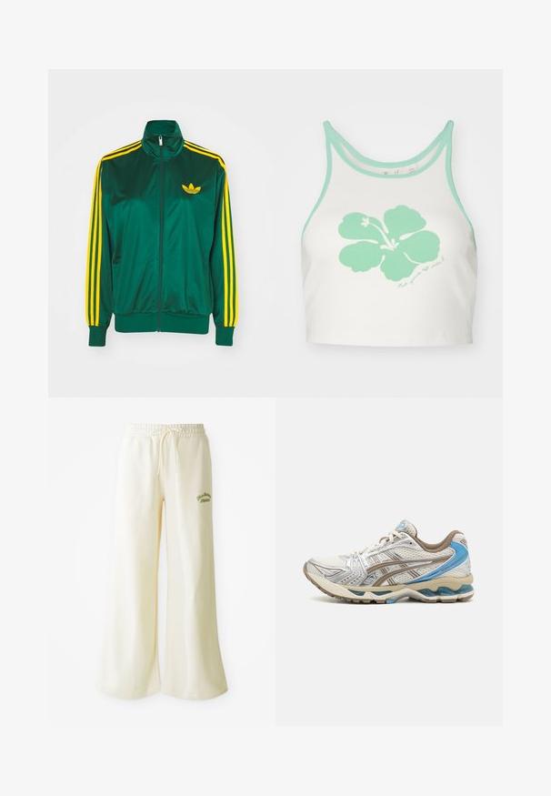 Grøn satin trackjakke, lynlåsfortil, høj krave, gul tre-stripes design på ærmerne og et lille gult logo på brystet.; Hvid crop top med mintgrøn trim og et stort mintgrønt hibiscusblomstgrafik på forsiden, med en håndskrevet tekstdetalje nedenunder.; Cremefarvede sweatpants med vide ben, elastisk talje og justerbar snor. Broderet grønt "Athletic" tekst foran. Blødt materiale.; Hvid og beige løbesko med blå accenter, netoverdel, polstret sål og snørelukning, vist fra ydersiden.