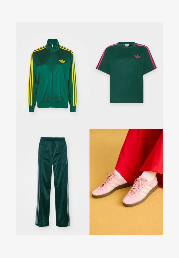 Roheline satiinist spordijakk, lukuga ees, kõrge kaelus, kollased kolm triipu disainis varrukatel ning väike kollane logo rinnal.; Roheline lühikeste varrukatega T-särk, mille õlgadel on eredapinkid triibud ja rinnal Adidas kolmelehise ristikheina logo.; Tumedad roheline sportpants, mis on valmistatud läikivast materjalist, külgedel on heledates hallides triipudes ja vasakul jalal on broderdatud logo.; Kerged roosad spordijalatsid valgete triipudega, kummist talla ja nööridega disainiga. Ühendatud valgete sokkide ja punase rõivaga. Kollane taust.