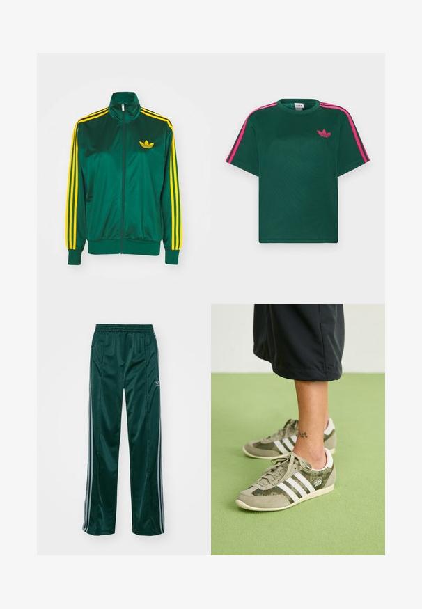Roheline satiinist spordijakk, lukuga ees, kõrge kaelus, kollased kolm triipu disainis varrukatel ning väike kollane logo rinnal.; Roheline lühikeste varrukatega T-särk, mille õlgadel on eredapinkid triibud ja rinnal Adidas kolmelehise ristikheina logo.; Tumedad roheline sportpants, mis on valmistatud läikivast materjalist, külgedel on heledates hallides triipudes ja vasakul jalal on broderdatud logo.; Rohelised ja hallid tossud kolme valge triibuga, suede ja võrkmaterjalidest, madala disainiga ning logotagiga. Tavaline kummist põhi.