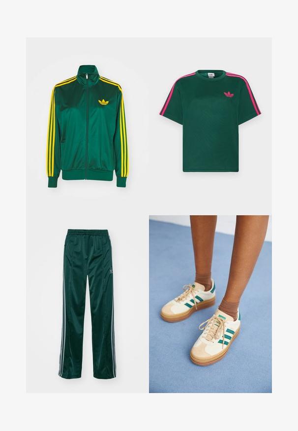 Grüne Satin-Trainingsjacke, mit Reißverschluss vorne, hohem Kragen, gelbem Drei-Streifen-Design an den Ärmeln und kleinem gelben Logo auf der Brust.; Grünes T-Shirt mit kurzen Ärmeln, leuchtend pinken Streifen auf den Schultern und Adidas-Trefoil-Logo auf der Brust.; Dunkelgrüne Sporthosen aus glänzendem Material, mit seitlichen Streifen in Hellgrau und einem gestickten Logo auf dem linken Bein.; Beige Sneakers mit dunkelgrünen Streifen, Gummisohle, Obermaterial aus Wildleder und Textil sowie neutralen Hardwareteilen, kombiniert mit braunen Socken auf einer hellblauen Oberfläche.