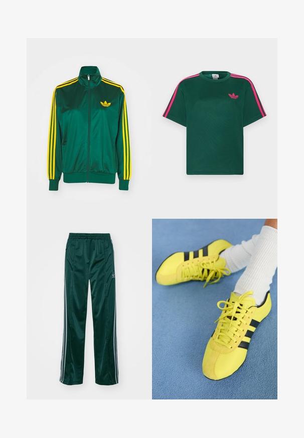 Grüne Satin-Trainingsjacke, mit Reißverschluss vorne, hohem Kragen, gelbem Drei-Streifen-Design an den Ärmeln und kleinem gelben Logo auf der Brust.; Grünes T-Shirt mit kurzen Ärmeln, leuchtend pinken Streifen auf den Schultern und Adidas-Trefoil-Logo auf der Brust.; Dunkelgrüne Sporthosen aus glänzendem Material, mit seitlichen Streifen in Hellgrau und einem gestickten Logo auf dem linken Bein.; Helle gelbe Sportschuhe mit schwarzen Streifen und Schnürsenkeln; besitzen ein strukturiertes Obermaterial und Wildlederakzente. Getragen mit weißen gerippten Socken.