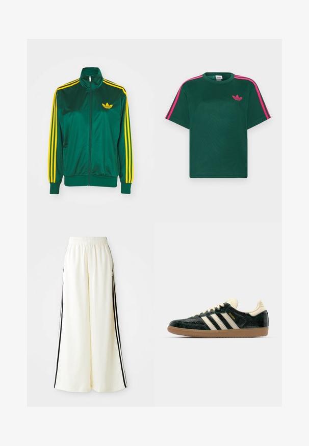 Grøn satin trackjakke, lynlåsfortil, høj krave, gul tre-stripes design på ærmerne og et lille gult logo på brystet.; Grøn kortærmet t-shirt med lyserøde striber på skuldrene og Adidas trefoil-logo på brystet.; Hvide løse bukser med elastisk talje og sorte lodrette striber langs yderseams.; adidas Originals SAMBA OG - Sneakers - cream white/collegiate green