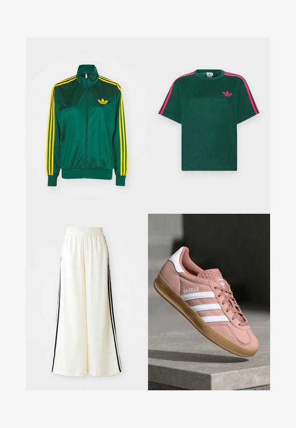 Grøn satin trackjakke, lynlåsfortil, høj krave, gul tre-stripes design på ærmerne og et lille gult logo på brystet.; Grøn kortærmet t-shirt med lyserøde striber på skuldrene og Adidas trefoil-logo på brystet.; Hvide løse bukser med elastisk talje og sorte lodrette striber langs yderseams.; Rosa ruskinds sneaker med hvide striber, gummisål, tekstureret overdel og logo på tungen. Klassisk low-top design.