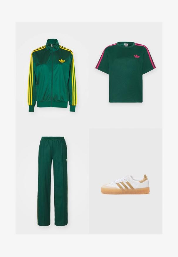 Grøn satin trackjakke, lynlåsfortil, høj krave, gul tre-stripes design på ærmerne og et lille gult logo på brystet.; Grøn kortærmet t-shirt med lyserøde striber på skuldrene og Adidas trefoil-logo på brystet.; Mørkegrønne træningsbukser med en afslappet pasform, der har snor i taljen, sidelommer og cremefarvede striber langs siderne.; Hvide sneakers med beige accenter, der har tre striber, en rund tå og en gennemsigtig gummisål. Glat læder og tekstilmaterialer.