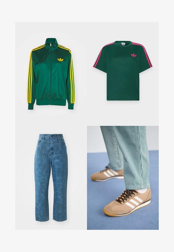 Groene satijnen trainingsjack, met rits aan de voorkant, hoge kraag, gele drie-strepen design op de mouwen en een klein geel logo op de borst.; Groen T-shirt met korte mouwen, helderroze strepen op de schouders en het Adidas trefoil-logo op de borst.; Lichtblauwe denim jeans met een subtiele gemusterde textuur, hoge taille en rechte pijpen. Voorzien van een knoop- en ritssluiting aan de voorkant.; Tan suede en mesh sneakers met bruine veters en drie witte strepen. Gecombineerd met groene en witte gestreepte broeken, rustend op een blauwe ondergrond.
