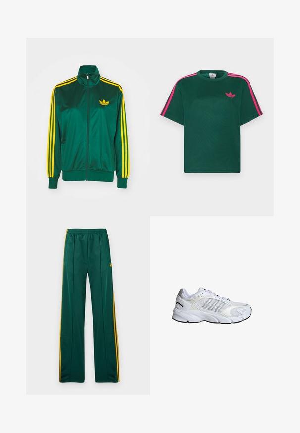 Grøn satin trackjakke, lynlåsfortil, høj krave, gul tre-stripes design på ærmerne og et lille gult logo på brystet.; Grøn kortærmet t-shirt med lyserøde striber på skuldrene og Adidas trefoil-logo på brystet.; Grønne sportbukser med gule striber i siden, elastisk taljebånd og to sidelommer. Fremstillet af glat, let materiale.; Hvide sportsko i åndbart mesh og syntetiske materialer, med tre sølvstriber, struktureret gummisål og polstret krave.