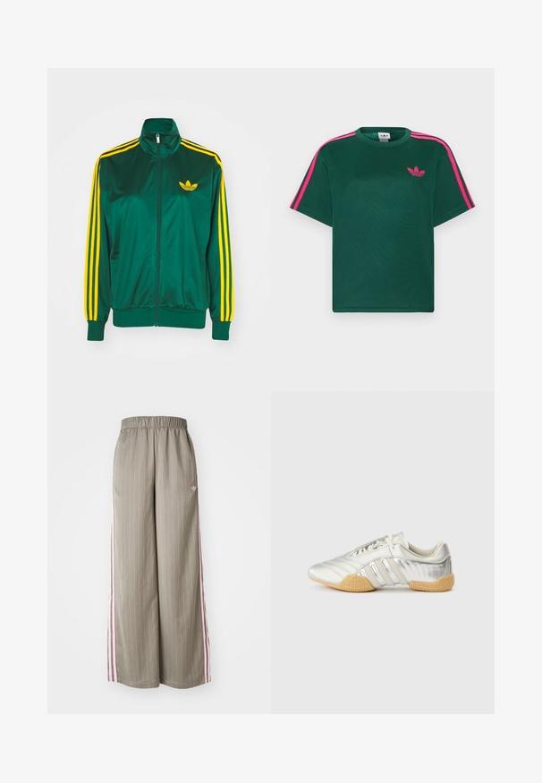 Grøn satin trackjakke, lynlåsfortil, høj krave, gul tre-stripes design på ærmerne og et lille gult logo på brystet.; Grøn kortærmet t-shirt med lyserøde striber på skuldrene og Adidas trefoil-logo på brystet.; Lyse olivengrønne bløde bukser med brede ben og lodrette striber, elastisk talje og lyserøde sidelister. Har et lille logo på hoften.; Sølvfarvet sportssko med en glat læderoverdel, gummisål og teksturerede detaljer. Har et buet design og tonede snørebånd.