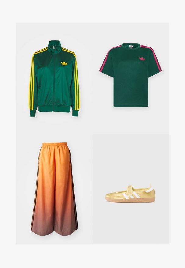 Veste de survêtement en satin vert, fermeture éclair devant, col haut, design à trois rayures jaunes sur les manches, et un petit logo jaune sur la poitrine.; T-shirt vert à manches courtes avec des rayures roses vives sur les épaules et le logo trèfle d'Adidas sur la poitrine.; Pantalons larges dégradés orange avec une bande latérale noire, dotés d'une taille élastique et d'un matériau léger.; Baskets dorées avec des bandes blanches et une fermeture Velcro. Fini métallique lisse, bout arrondi et semelle en caoutchouc texturée.