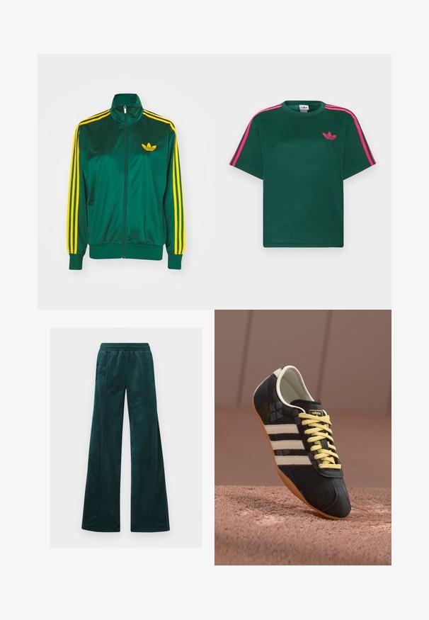 Grøn satin trackjakke, lynlåsfortil, høj krave, gul tre-stripes design på ærmerne og et lille gult logo på brystet.; Grøn kortærmet t-shirt med lyserøde striber på skuldrene og Adidas trefoil-logo på brystet.; Teal bredde bukser i blød velour med elastisk talje og vertikal syning. Ingen synlige lommer.; Sorte atletiske sko med tre hvide striber, gule snørebånd og en struktureret overflade. Har et buet design og gummisål.