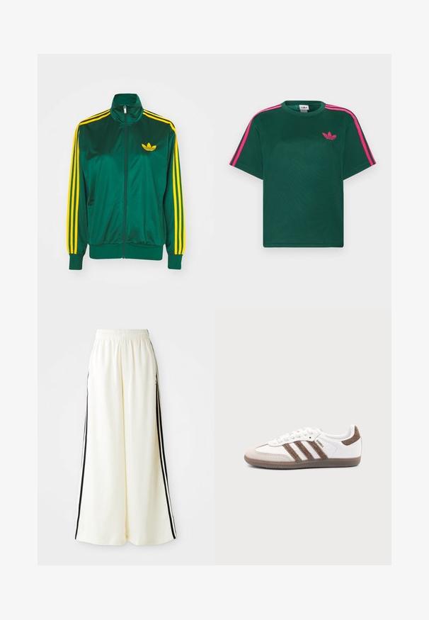 Grøn satin trackjakke, lynlåsfortil, høj krave, gul tre-stripes design på ærmerne og et lille gult logo på brystet.; Grøn kortærmet t-shirt med lyserøde striber på skuldrene og Adidas trefoil-logo på brystet.; Hvide løse bukser med elastisk talje og sorte lodrette striber langs yderseams.; Hvid Adidas Samba sneaker med brune ruskindstriber, brun gummisål og beige ruskindståhætte, vist fra ydersiden på en ensfarvet baggrund.