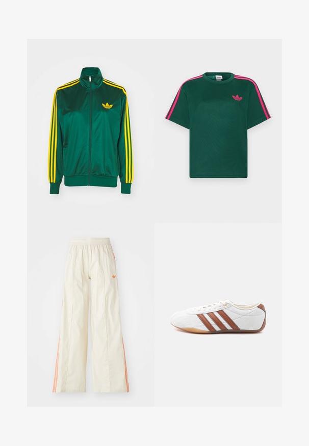 Grøn satin trackjakke, lynlåsfortil, høj krave, gul tre-stripes design på ærmerne og et lille gult logo på brystet.; Grøn kortærmet t-shirt med lyserøde striber på skuldrene og Adidas trefoil-logo på brystet.; Cremefarvede bredde benbukser med elastisk talje, der har orange side-striber og et lille orange logo foran.; Hvid sneaker med lavt snit og brune læderstriber, snørelukning og en sål i gummi, vist fra indersiden på en hvid baggrund.