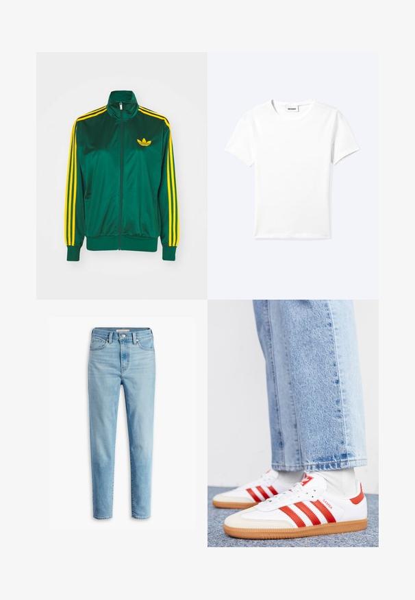 Veste de survêtement en satin vert, fermeture éclair devant, col haut, design à trois rayures jaunes sur les manches, et un petit logo jaune sur la poitrine.; T-shirt blanc uni à manches courtes et col rond avec une petite étiquette "WEEKDAY" à l'intérieur de l'encolure, présenté à plat sur un fond clair.; Jean en denim taille haute bleu clair avec poches avant, passants de ceinture, fermeture par bouton et jambes fuselées sur fond blanc.; Baskets en cuir blanc avec des rayures et des accents rouges. Dotées d'une semelle extérieure en gomme texturée et d'un col rembourré. Portées avec un jean en denim bleu clair.