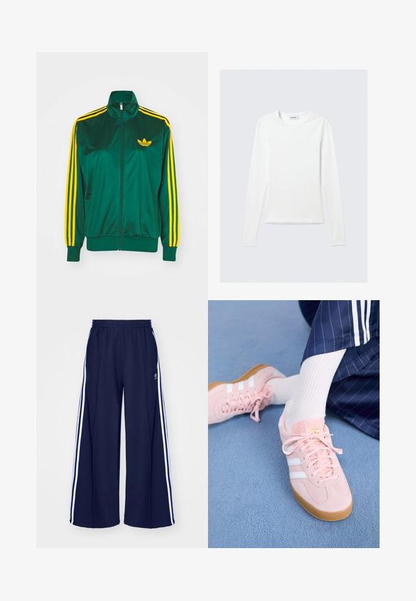Grøn satin trackjakke, lynlåsfortil, høj krave, gul tre-stripes design på ærmerne og et lille gult logo på brystet.; Langærmet, enkel hvid T-shirt med rund halsudskæring og tætsiddende pasform, vist mod en lysegrå baggrund.; adidas Originals PANT - Træningsbukser - night indigo; Lyserøde ruskinds sneakers med hvide striber og snørebånd, udstyret med en struktureret tunge og en gummisål, placeret på et blåt tæppe.