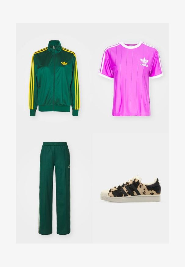Chaqueta de pista satinada verde, con cremallera en la parte delantera, alto cuello, diseño de tres rayas amarillas en las mangas y un pequeño logo amarillo en el pecho.; adidas Originals 3 S TEE - Camiseta estampada - purple burst; Pantalones deportivos de color verde oscuro con un corte relajado, que cuentan con una cintura con cordón, bolsillos laterales y franjas color crema a lo largo de los costados.; Zapatilla con patrón de piel de vaca en beige y negro, tres rayas negras, punta de goma blanca y suela texturizada. Presenta cordones y marca.