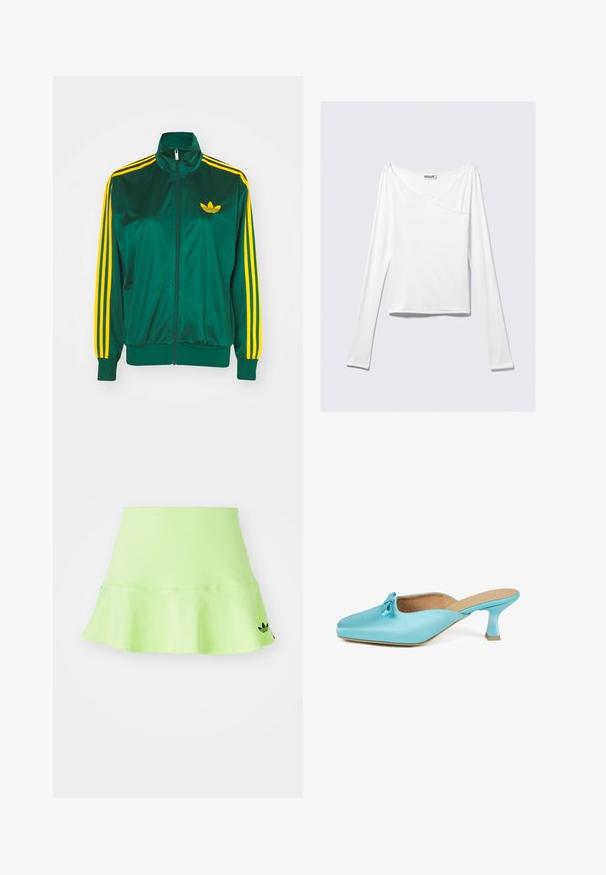 Veste de survêtement en satin vert, fermeture éclair devant, col haut, design à trois rayures jaunes sur les manches, et un petit logo jaune sur la poitrine.; Haut blanc à manches longues avec un design croisé et une poche. Fabriqué dans un tissu lisse et extensible. Coupé dans une coupe décontractée et ample.; adidas Originals SKIRT - Minijupe - signal green; Mules satin aqua avec un bout carré, détail de nœud accentué et un petit talon épais. Texture lisse et design minimaliste.