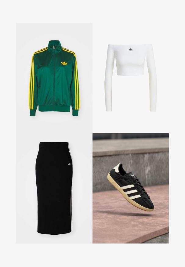 Grøn satin trackjakke, lynlåsfortil, høj krave, gul tre-stripes design på ærmerne og et lille gult logo på brystet.; Hvid crop top med off-shoulder i ribbet stof, som har lange ærmer og et lille sort Adidas-logo på fronten.; Sort ribbet midi-nederdel med en tætsiddende design, der har hvide sidelister og et lille hvidt emblem på venstre side.; Sort Adidas sneaker med hvide striber og beige sål, fanget i luften over en stenet overflade og baggrund af en stenmur.