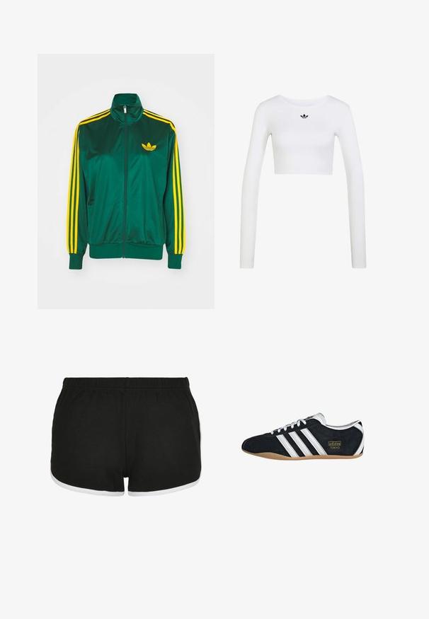 Groene satijnen trainingsjack, met rits aan de voorkant, hoge kraag, gele drie-strepen design op de mouwen en een klein geel logo op de borst.; Witte cropped top met lange mouwen, ronde hals en klein zwart Adidas-logo gecentreerd onder de halslijn.; Zwarte sportshorts van een textuurstof, met een witte biezing langs de beenopeningen en een elastische tailleband voor comfort.; Zwarte suède sneaker met witte drie strepen, gouden logo en een bruine rubberen zool. Heeft een laag profiel vetersluiting ontwerp.