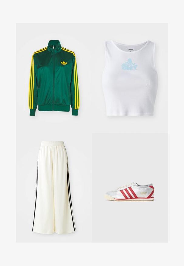Grüne Satin-Trainingsjacke, mit Reißverschluss vorne, hohem Kragen, gelbem Drei-Streifen-Design an den Ärmeln und kleinem gelben Logo auf der Brust.; Weißes, geripptes Crop-Top mit Rundhalsausschnitt und einem hellblauen "OBEY"-Logo, das zentral auf der Brust platziert ist. Glatte Textur und taillierte Passform.; Weiße weite Hosen mit elastischem Bund und schwarzen vertikalen Streifen an den äußeren Nähten.; Adidas Sneaker mit einem silbernen Synthetik-Obermaterial, drei roten Streifen, beige Sohle und einem goldenen Logo an der Seite, mit einem flachen Design.
