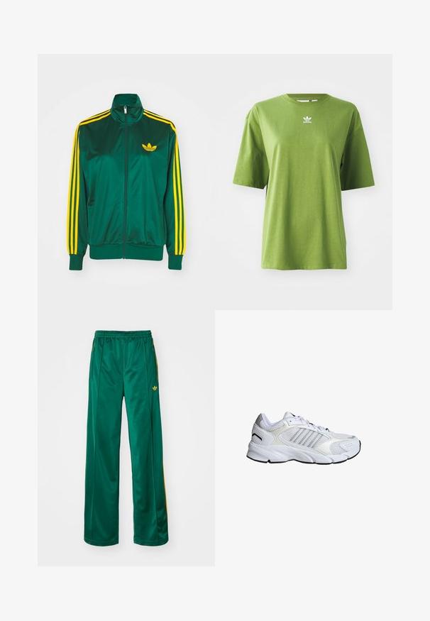 Groene satijnen trainingsjack, met rits aan de voorkant, hoge kraag, gele drie-strepen design op de mouwen en een klein geel logo op de borst.; Groene katoenen t-shirt met korte mouwen, ronde halslijn en wit Adidas-logo op de borst. Gladde textuur, ontspannen pasvorm.; Groene satijnen sportbroek met een relaxte pasvorm, voorzien van gele streepaccenten en een geborduurd logo aan de linkerzijde. Elastische tailleband.; Witte sportschoen met ademend mesh en synthetische materialen, drie zilveren strepen, een getextureerde rubberen zool en een gevoerde kraag.