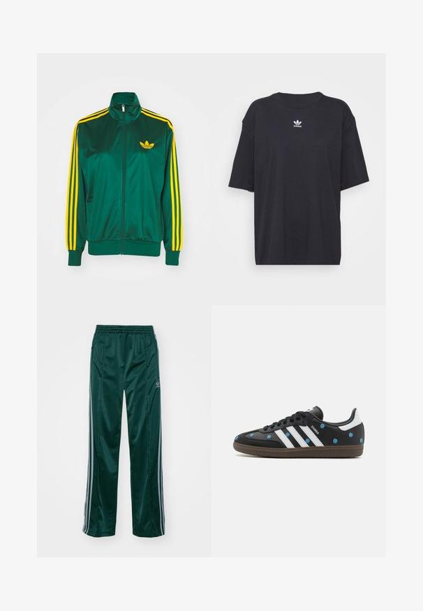 Roheline satiinist spordijakk, lukuga ees, kõrge kaelus, kollased kolm triipu disainis varrukatel ning väike kollane logo rinnal.; Must must t-särk lühikeste varrukatega, ümmargune kaelus, rinnal valge Adidas logo. Lihtne disain, mugav lõige.; Tumedad roheline sportpants, mis on valmistatud läikivast materjalist, külgedel on heledates hallides triipudes ja vasakul jalal on broderdatud logo.; Musthave mustad tossud, millel on valged triibud ja sinine lilleline tikand. Omavad pruuni kummist tallat ja ümara varbaga disaini.