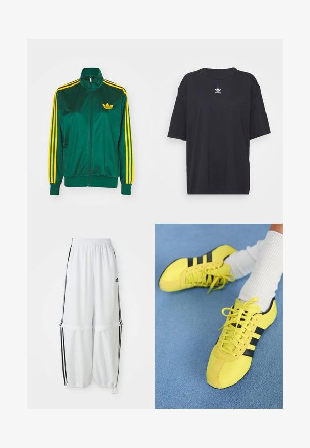 Grøn satin trackjakke, lynlåsfortil, høj krave, gul tre-stripes design på ærmerne og et lille gult logo på brystet.; Sort bomulds t-shirt med korte ærmer, rund halsudskæring, med et hvidt Adidas-logo på brystet. Enkel design, afslappet pasform.; Hvide sportbukser med en afslappet pasform, elastisk talje og sorte sidelæg. Har lynlåslommer og elastiske afslutninger ved anklerne.; Lys gule atletiksko med sorte striber og snørebånd; har en struktureret overdel og suedefornum. Brugt med hvide ribbede sokker.