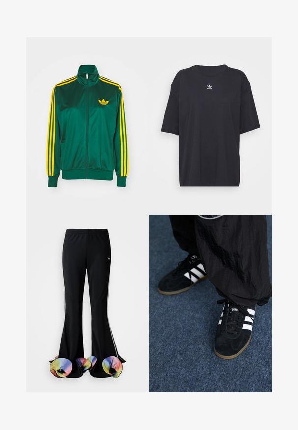 Grøn satin trackjakke, lynlåsfortil, høj krave, gul tre-stripes design på ærmerne og et lille gult logo på brystet.; Sort bomulds t-shirt med korte ærmer, rund halsudskæring, med et hvidt Adidas-logo på brystet. Enkel design, afslappet pasform.; Sorte træningsbukser med en bred flared design. Har farverige, flæset nederste kanter og hvide sidelister. Lavet af strækstof.; Sorte suedetrainingssko med tre hvide striber og sorte snørebånd. Et tekstureret sort bukser er delvist synligt ved siden af skoene.